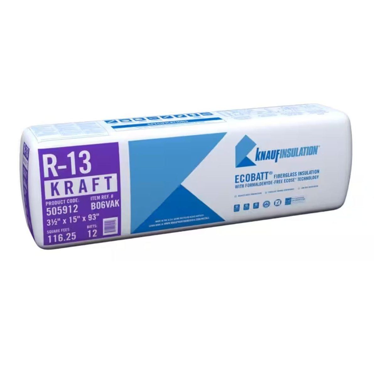 A cylindrical pack of KNAUF R-13 EcoBatt Kraft Faced Fiberglass Insulation Batt with a blue and white design, featuring ECOSE Technology and recycled glass. Dimensions 3 1/2 x 15 x 93, product code 505912, covering 116.25 sq ft for 12 pieces.